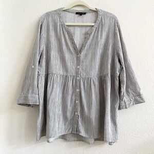 TAHARI White Black Striped Linen Blend  Button Up Pleated Flowy Blouse Top 1X